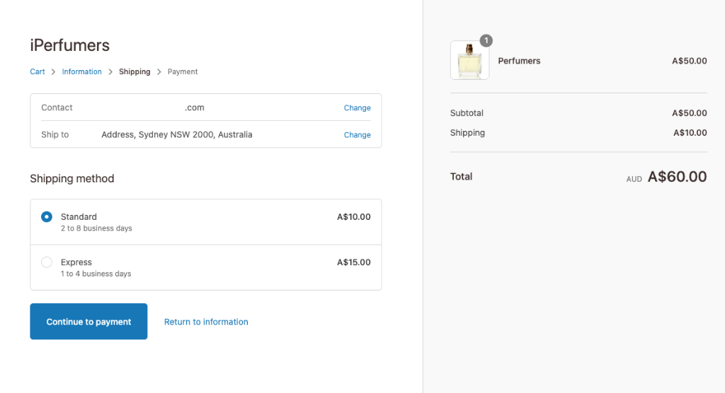 Shopify online store checkout page selecting shipping method and address