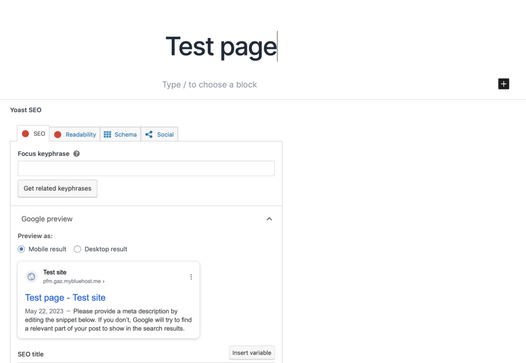 Adding Test page WordPress