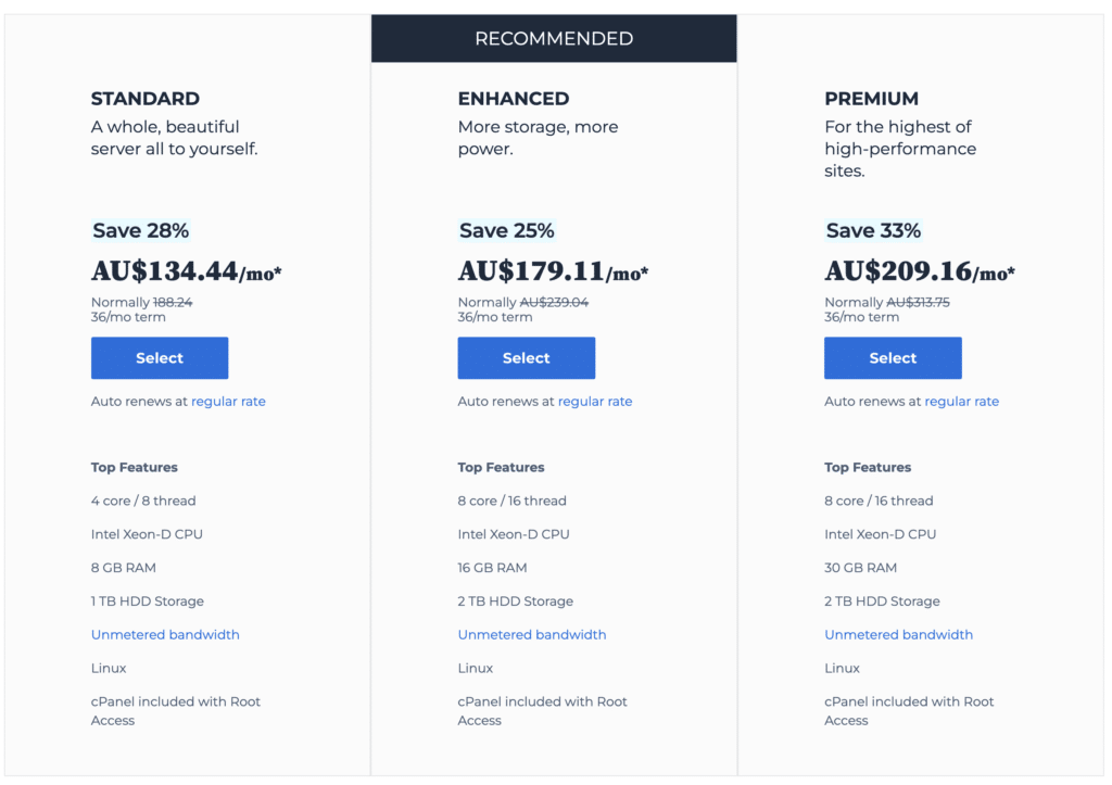 Bluehost dedicated hosting plan pricing