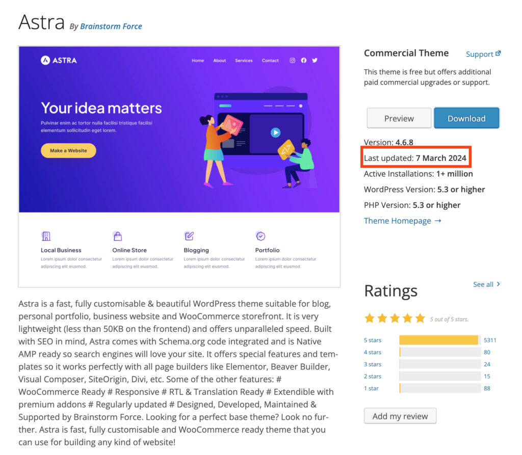 Astra WordPress theme last updated