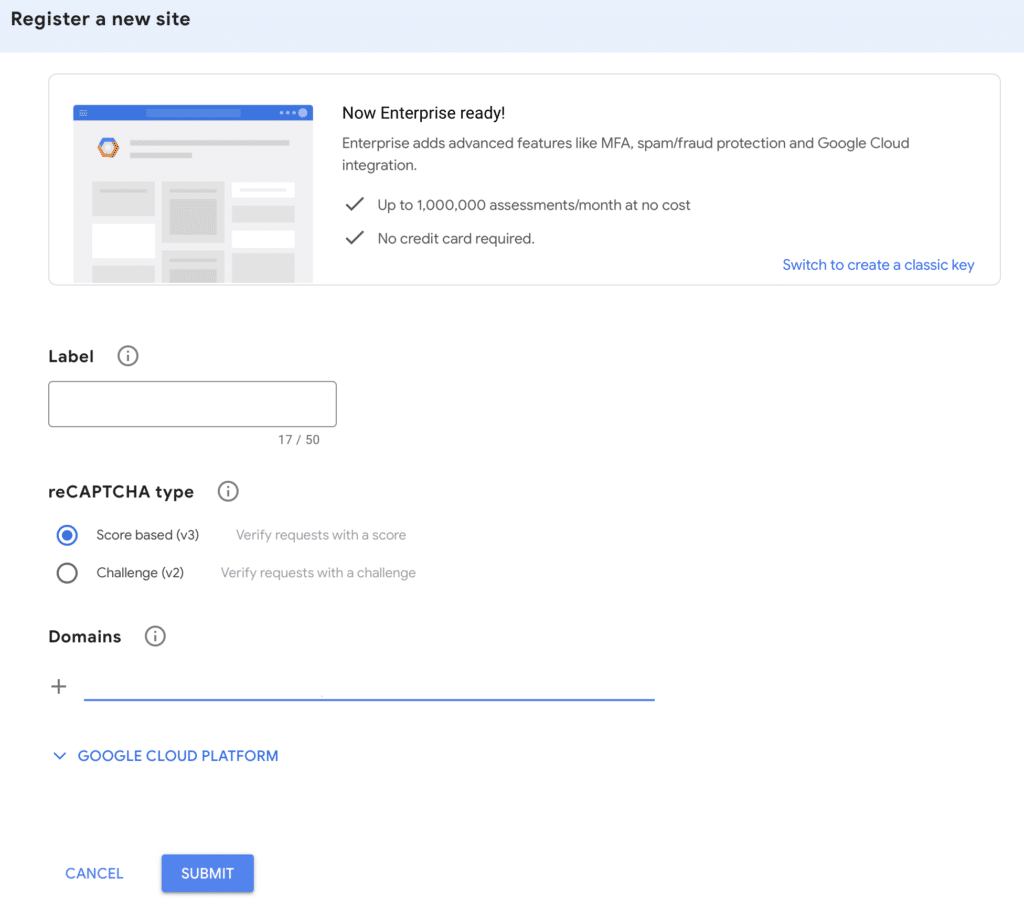 Google reCAPTCHA register a new site