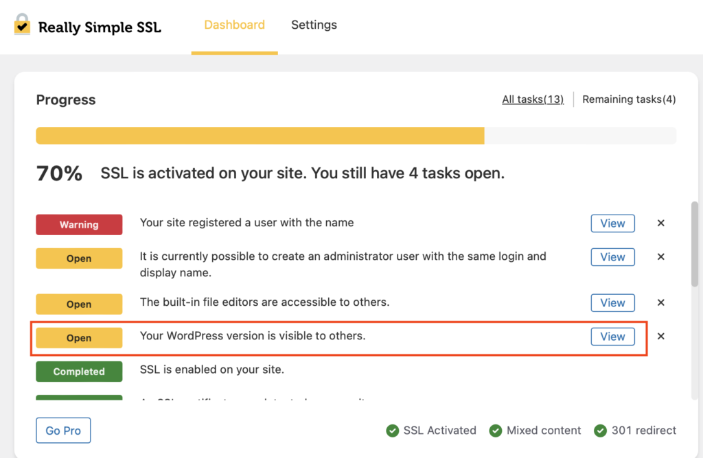 really simple ssl dashboard