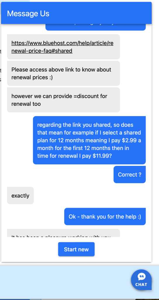 Talking to BlueHost live chat